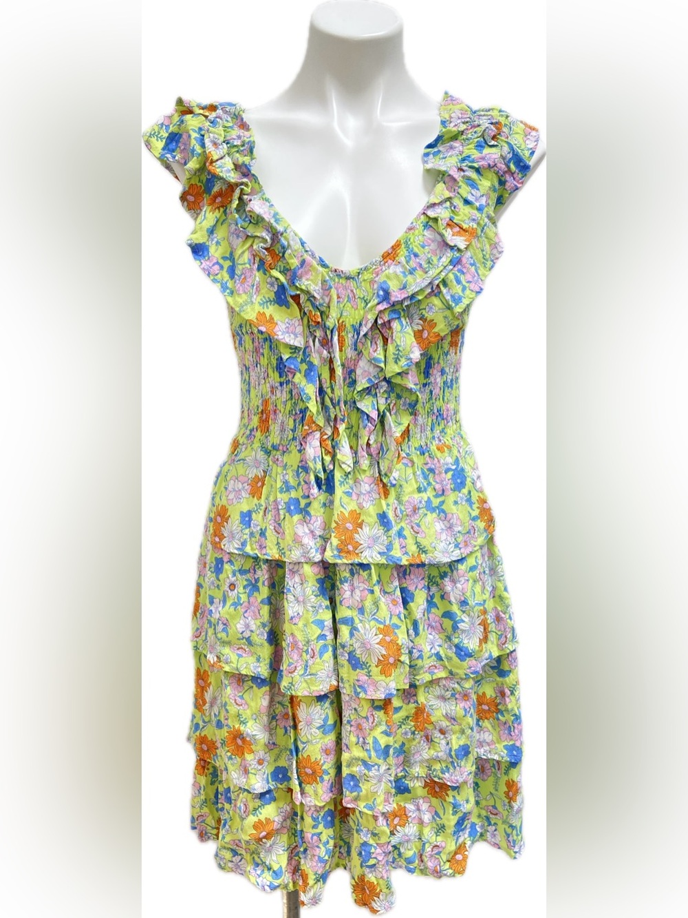 KARLIE VIBRANT GREEN MICRO FLORAL RUFFLE RESORT MINI DRESS